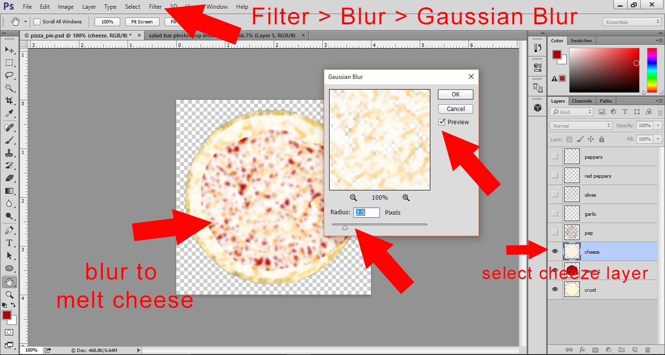 Photoshop Lesson - Melt the cheeze layer with Gaussian Blur